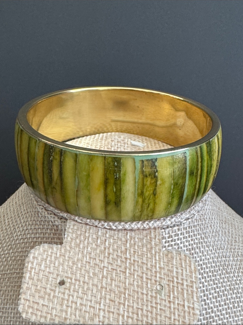 VTG MCM Brass Bangle with Green Bone Inlay